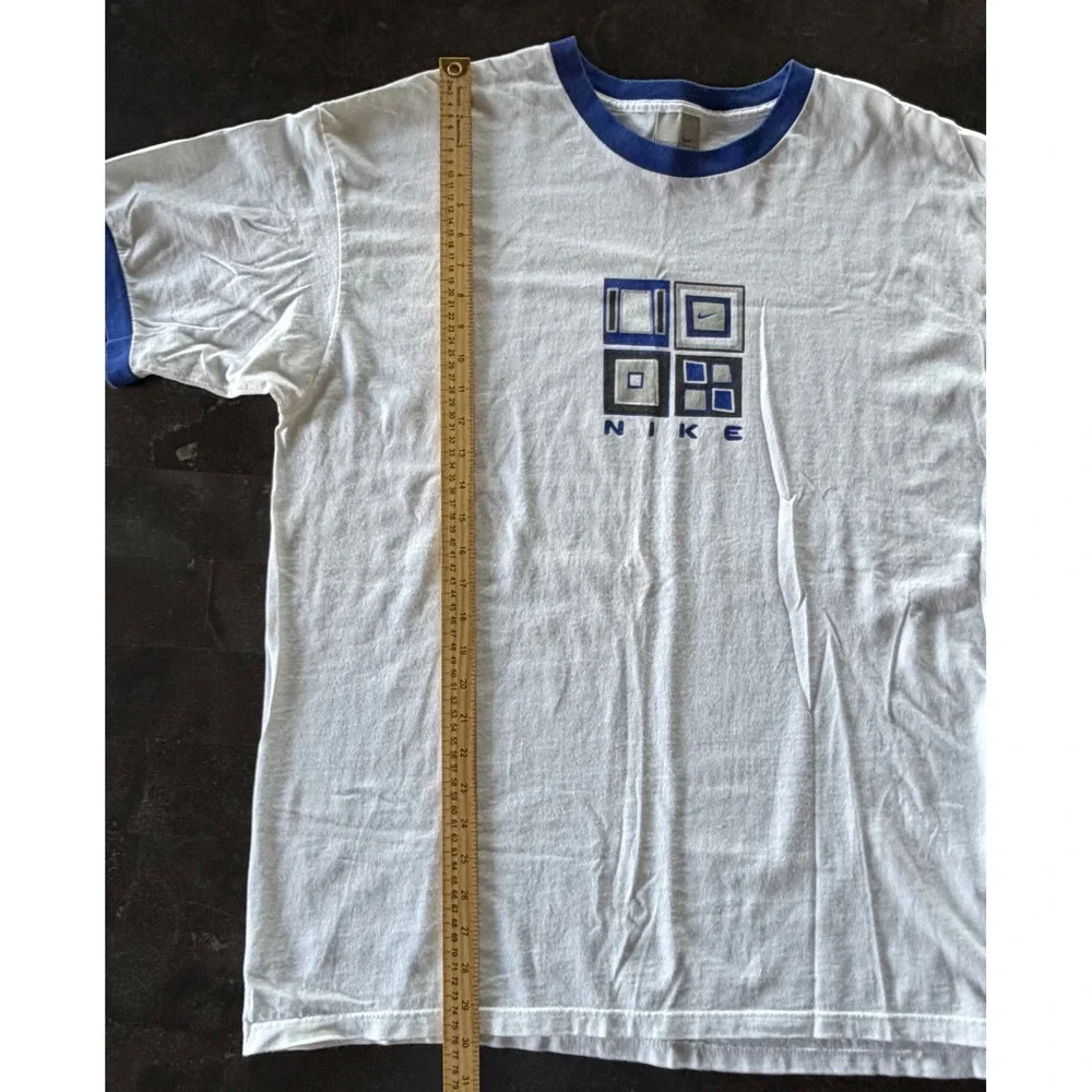 Vintage Nike Ringer T Shirt Mens XL White Blue Geometric Graphic Made USA Cotton